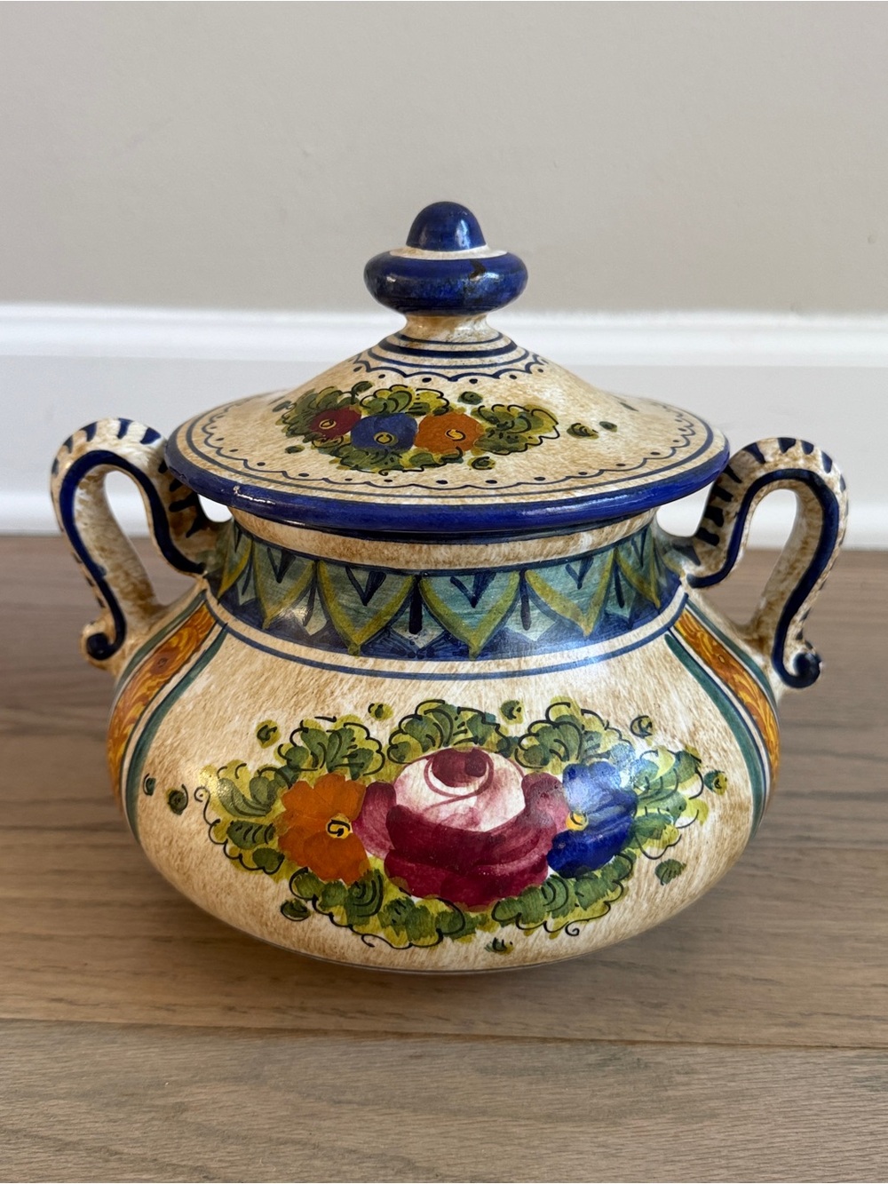 Vintage Deruta Italian Pottery  Handled Jar Sugar Bowl Collectible